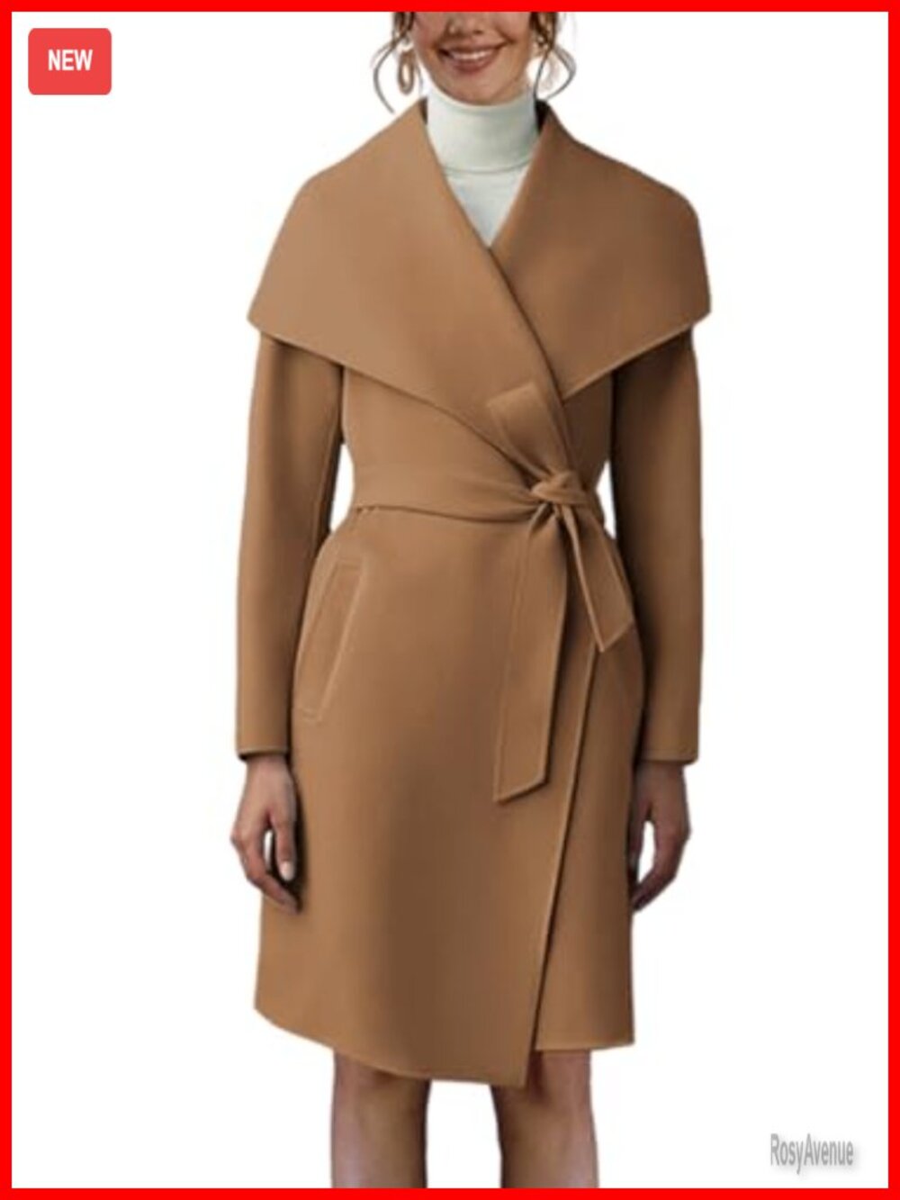 Women's Pea Trench Coat Lapel Collar Long Belted Overcoat with Pockets